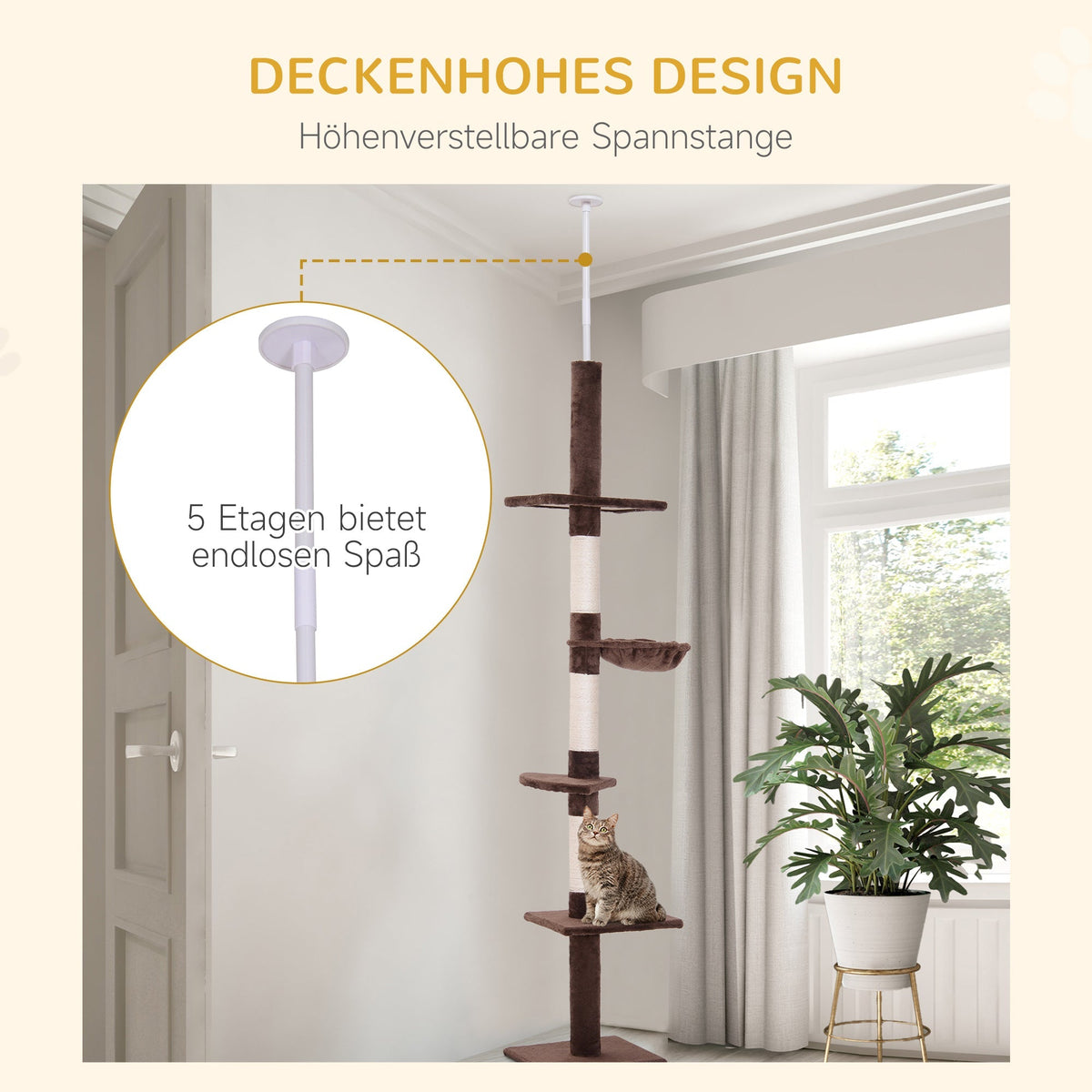 PawHut Cat Tree, Ceiling Height Adjustable, Sturdy with Sisal Posts, Brown
