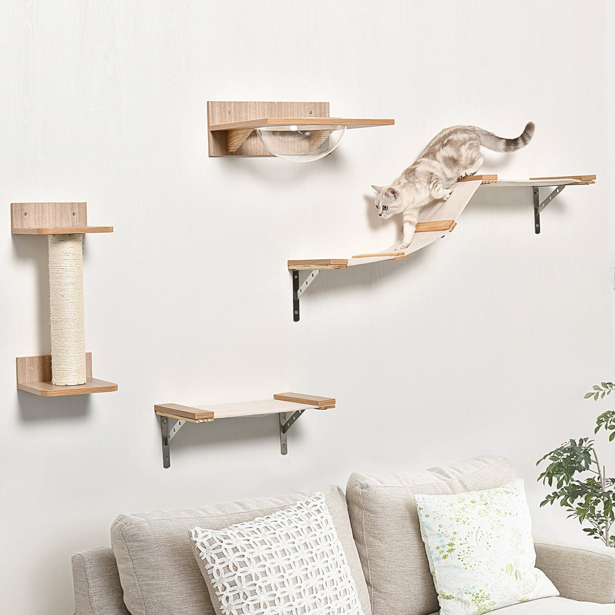Cat Set with Scratching Post, Stairs & Hammock, Light Brown, Sisal, Acrylic, Pine