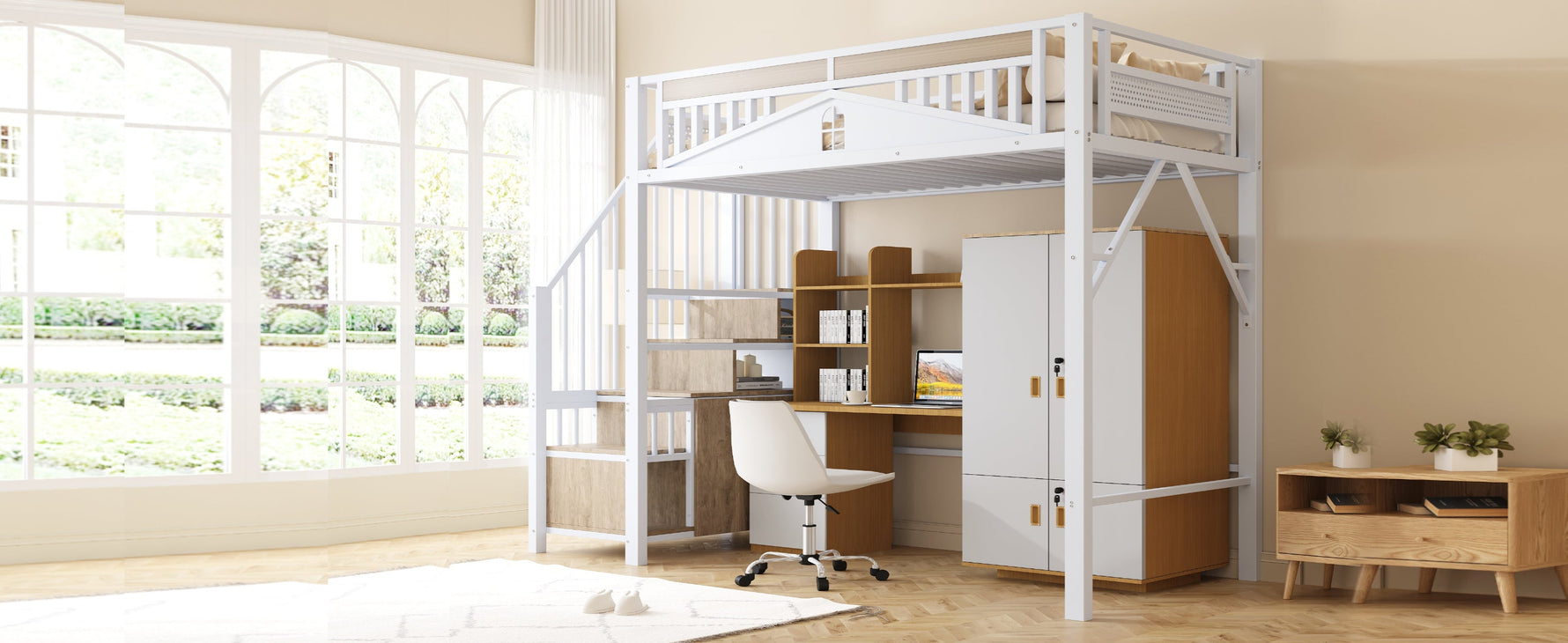 Metal Loft Bed 90 x 200 cm Safety Enclosure Ladder with Locker, White