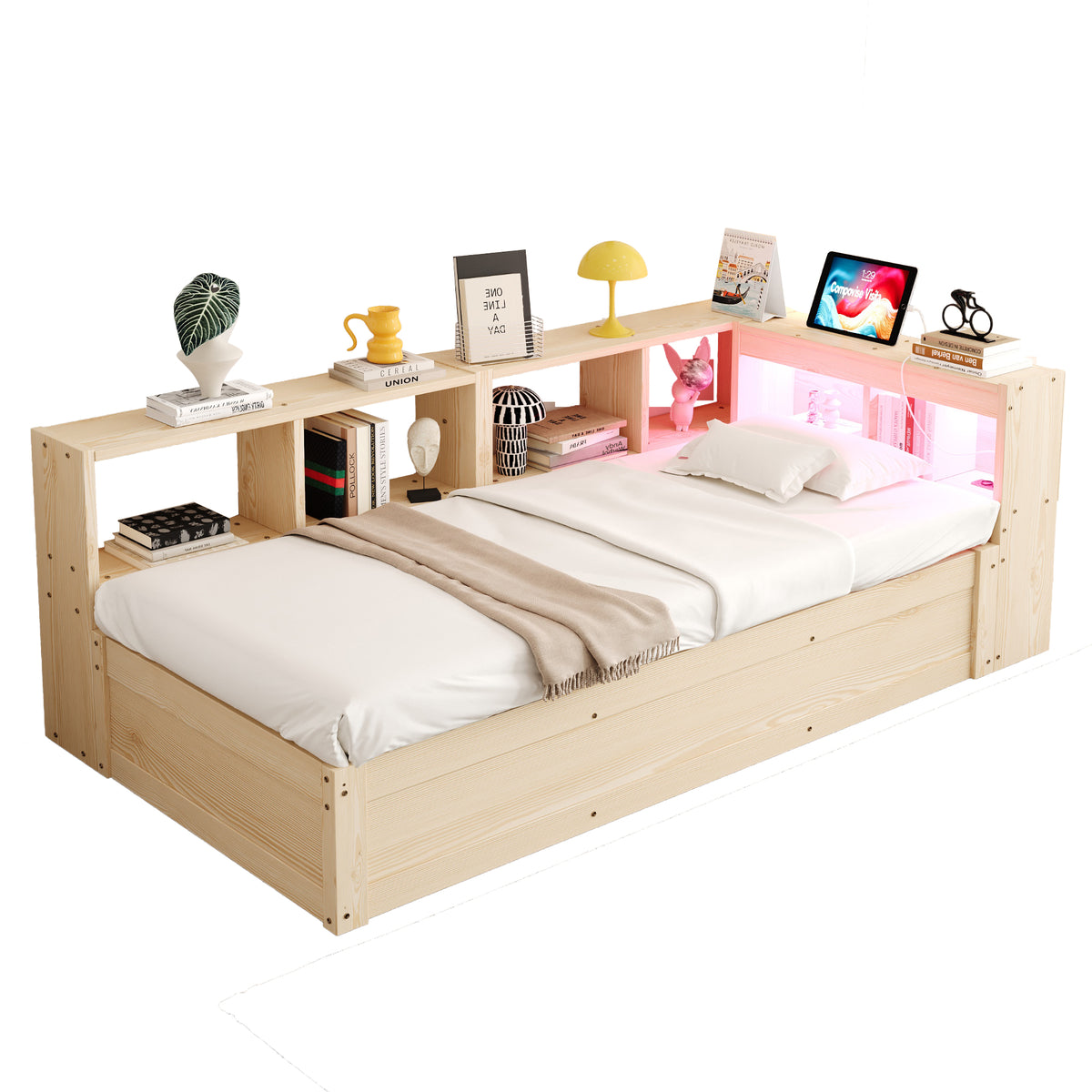 Sofa Bed 90x200cm with Hydraulic Storage & LED, Wood Color