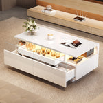 Coffee Table with Tray, 90 x 45 x 35.5 cm, 2 Drawers, Tempered Glass, LED Light, White