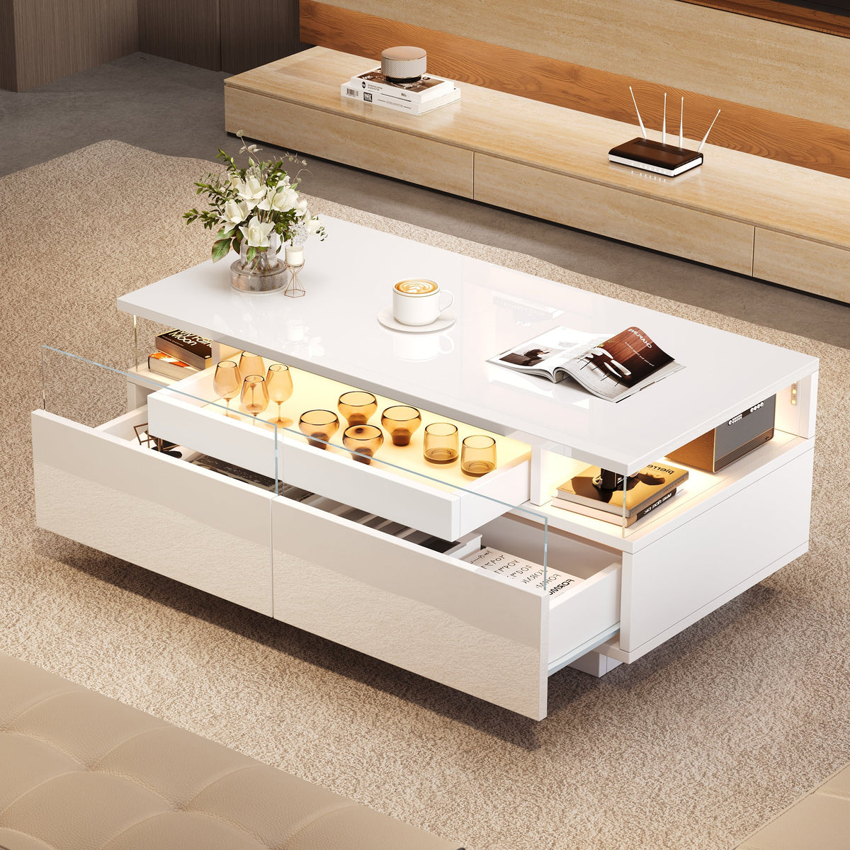 Coffee Table with Tray, 90 x 45 x 35.5 cm, 2 Drawers, Tempered Glass, LED Light, White