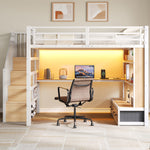 Metal Loft Bed 140x200 with Desk, Shelves & Storage - White