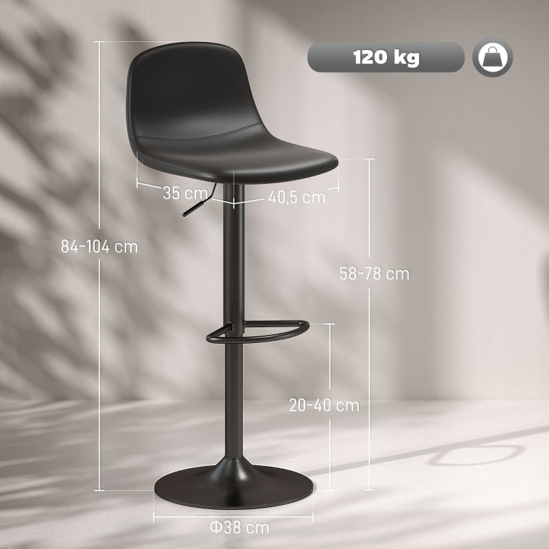 Bar Stool Set of 2, Height-Adjustable Swivel with Backrest & Footrest, Faux Leather, Black