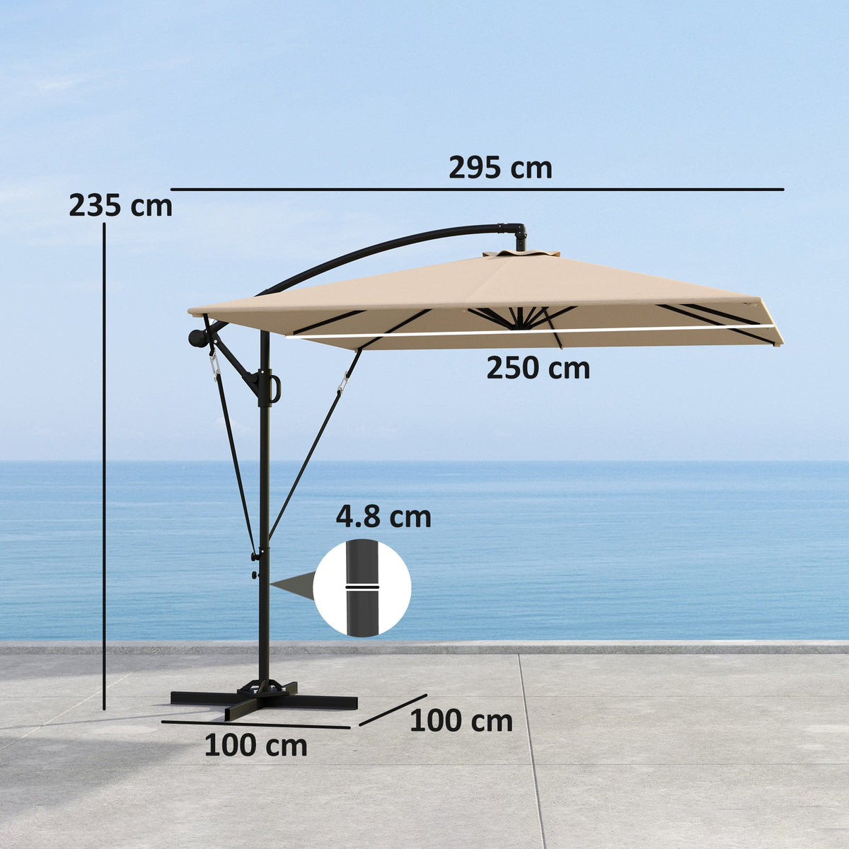 Cantilever Parasol Ø260 cm UV 50+ Water-Repellent Tiltable with Crank & Stand, Khaki