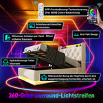 Upholstered Double Bed, 360° LED, Hydraulic Storage & USB-C Charging, White PU