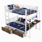 Loft Bed 140x200 cm with Desk, 2 Drawers & LED, White Metal