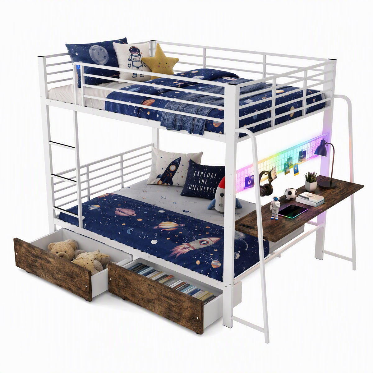 Loft Bed 140x200 cm with Desk, 2 Drawers & LED, White Metal