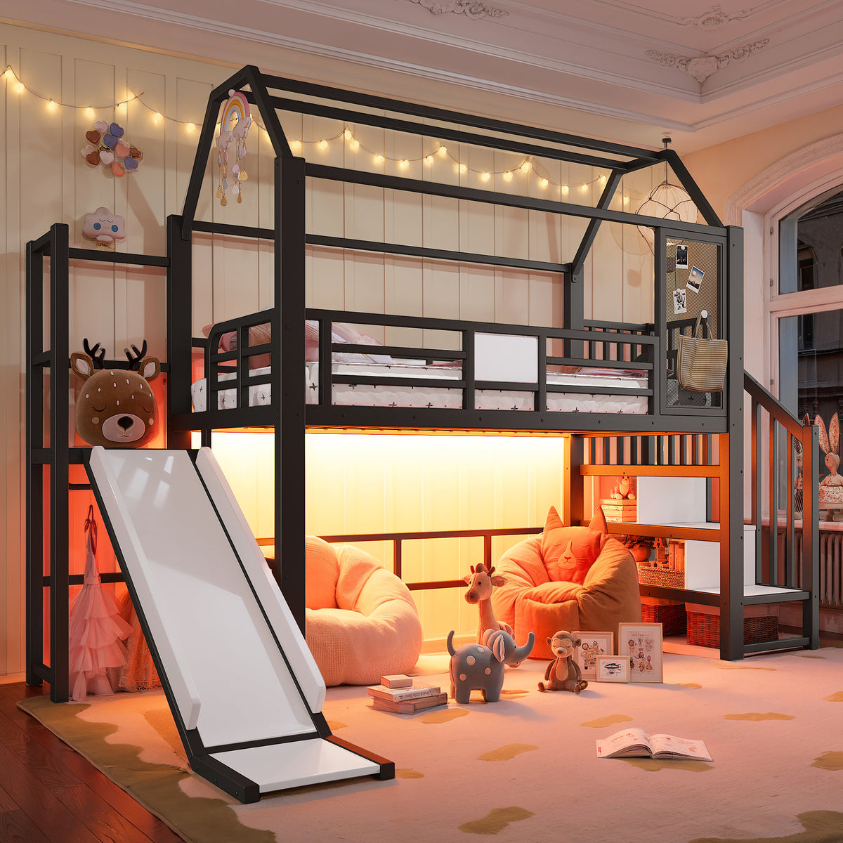 House Loft Bed for Kids with Slide, Storage & LED, Black Metal