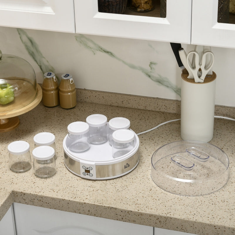 Yogurt Maker Machine, 7 Glass Jars, Stainless Steel, Silver and White