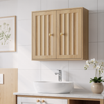 Wall-Mounted Bathroom Cabinet, Two-Door Medicine Cabinet with Vertical Groove Design, Oak