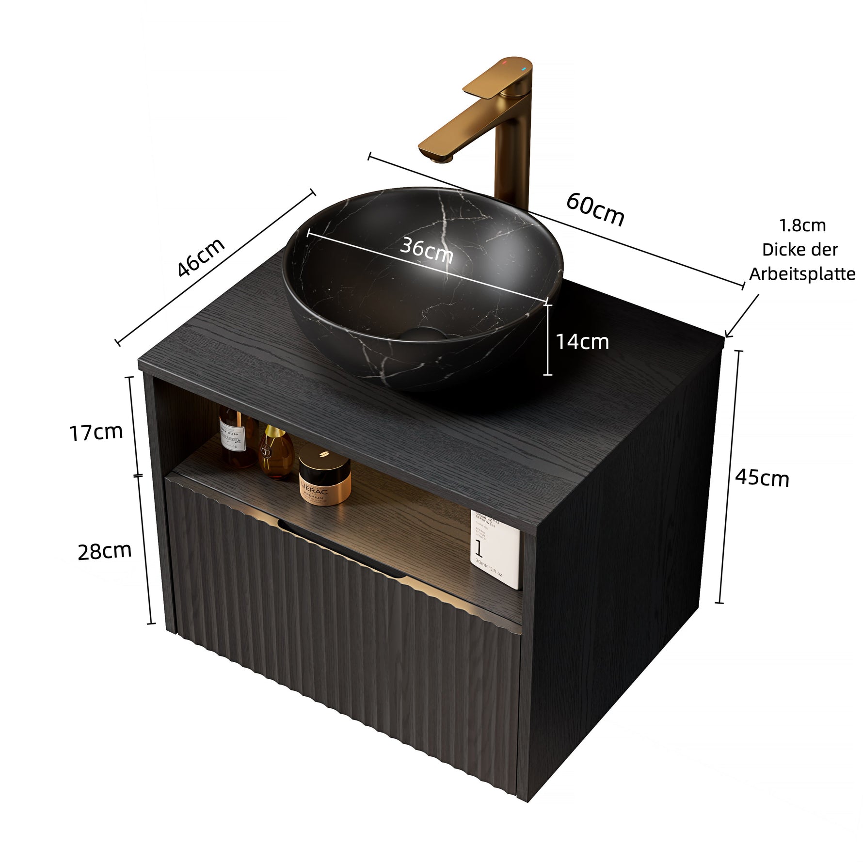Floating Bathroom Washbasin with Ceramic Bowl and Sensor Light, 60cm Plywood Cabinet, Black