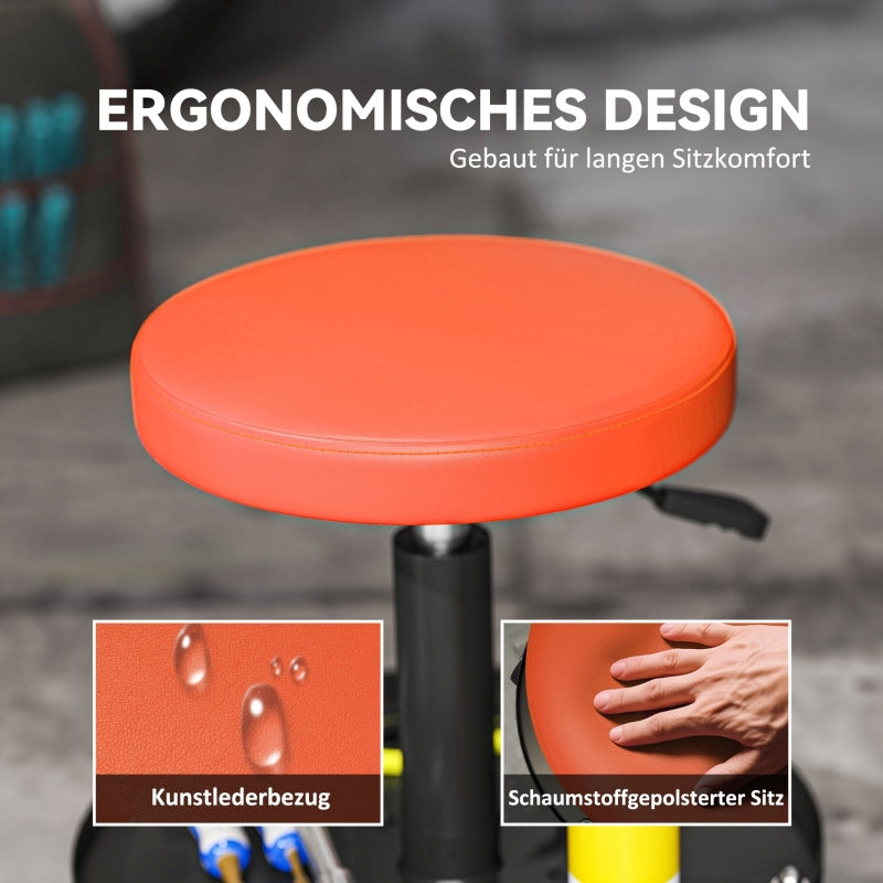 Workshop Stool, Adjustable Height Rolling, Orange
