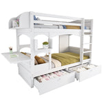 Children's Bunk Bed Multifunctional Double Bed with Desk, Shelf, 2 Drawers, Solid Wood White