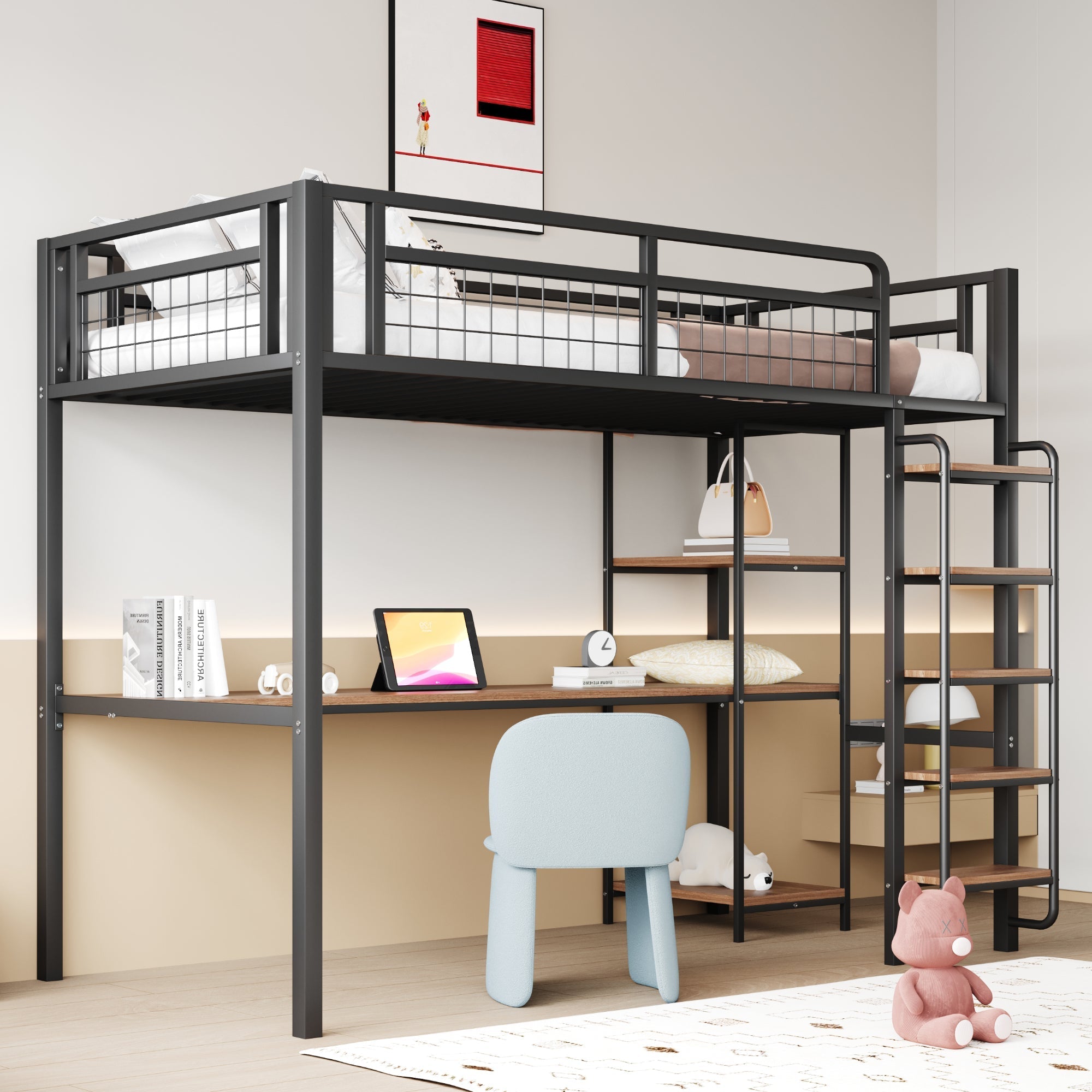 Metal Loft Bed 90x200cm Safety Ladder Storage Black