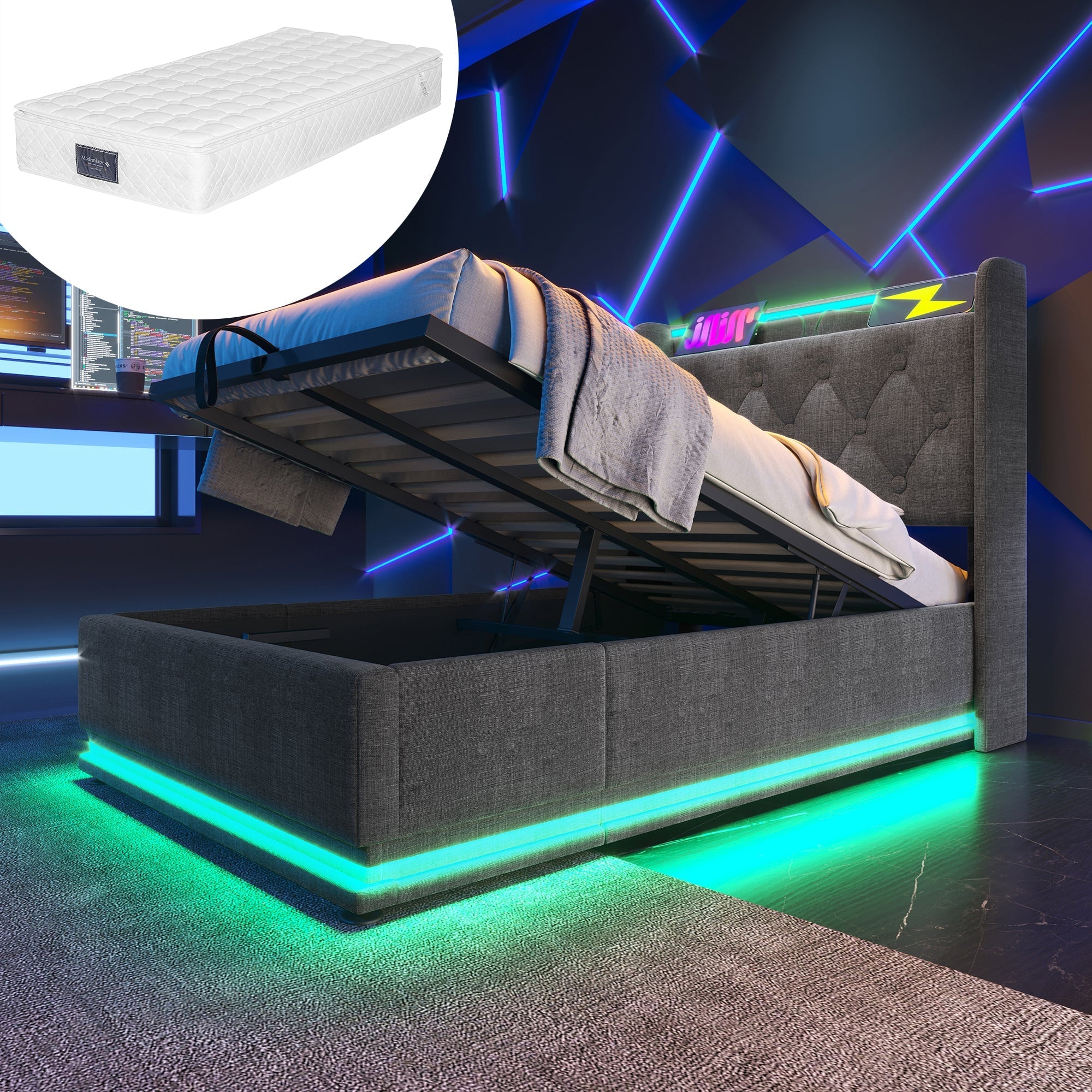 Upholstered Single Bed, Hydraulic Storage LED USB-C Headboard 90x200 cm, Grey Linen