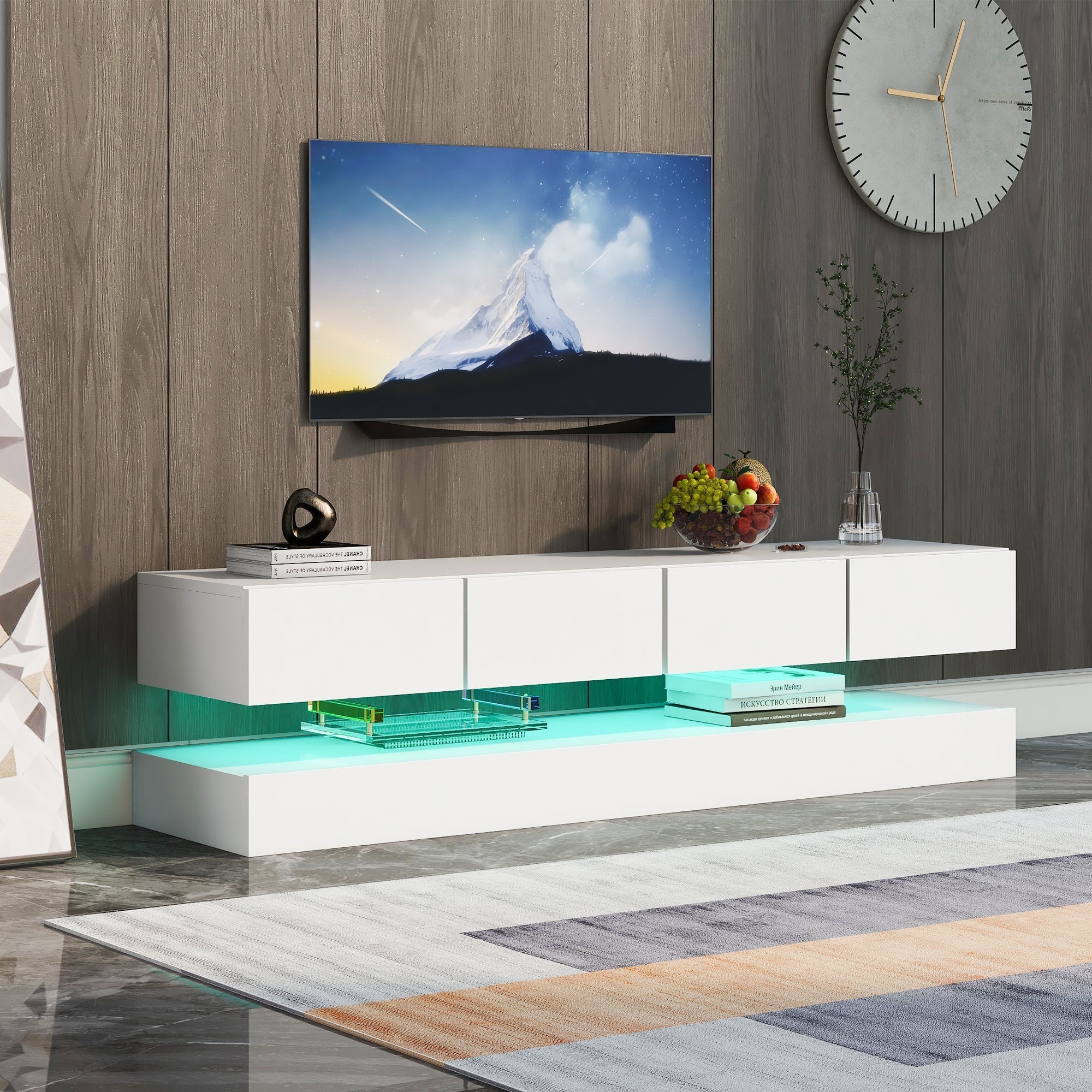 LED TV Lowboard with 2 Cabinets, 4 Drawers & 16-Color LED Lighting for up to 55-Inch TVs, White