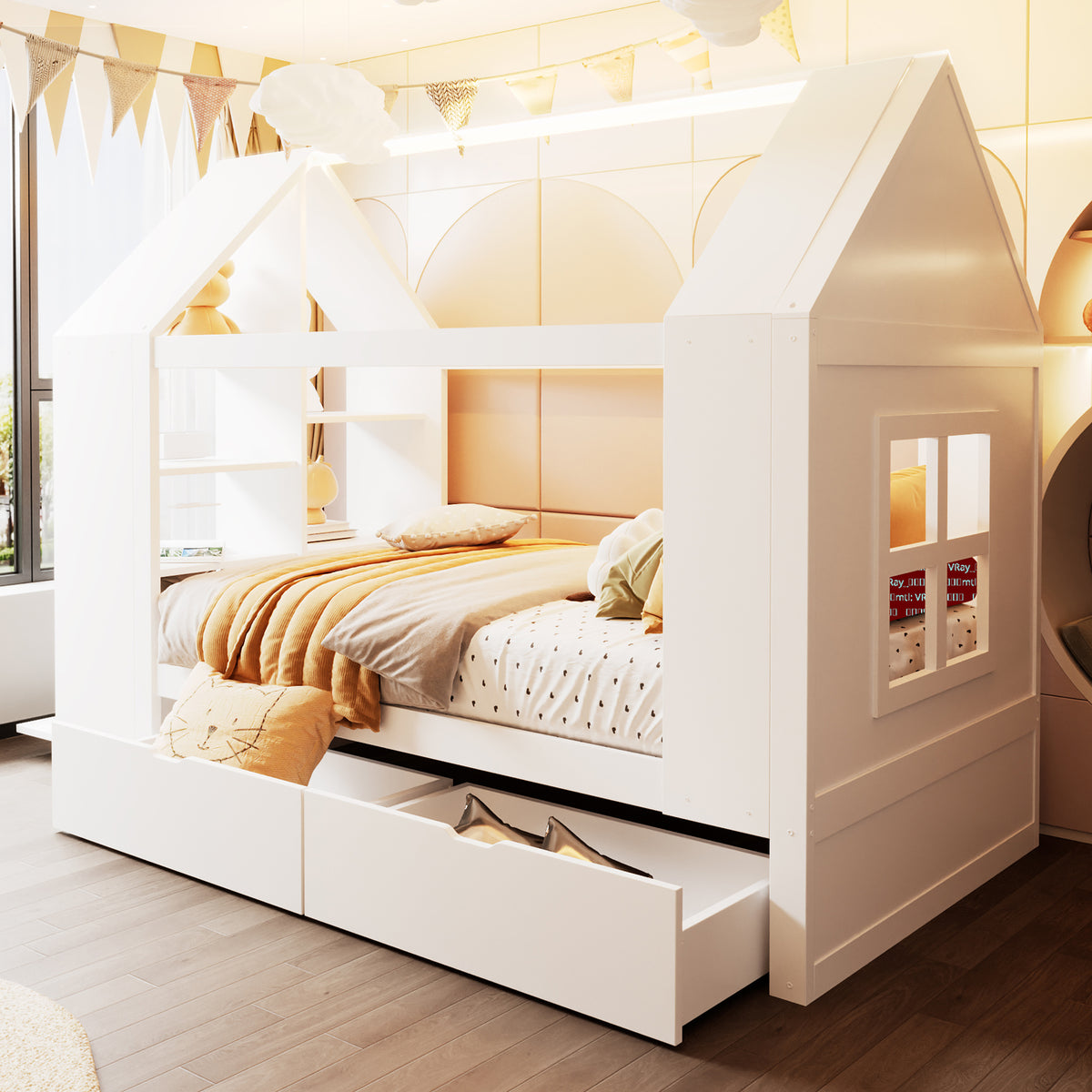 House Bed 90x200cm with 2 Drawers & LED Lighting, White