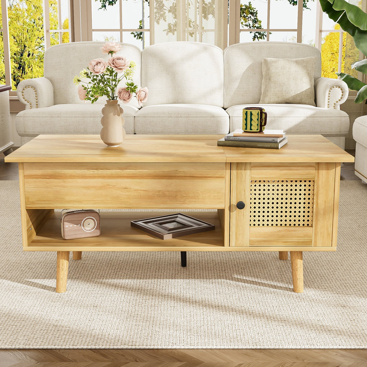 Coffee Table Lift-Up Top Rattan Doors Storage Wood/Black