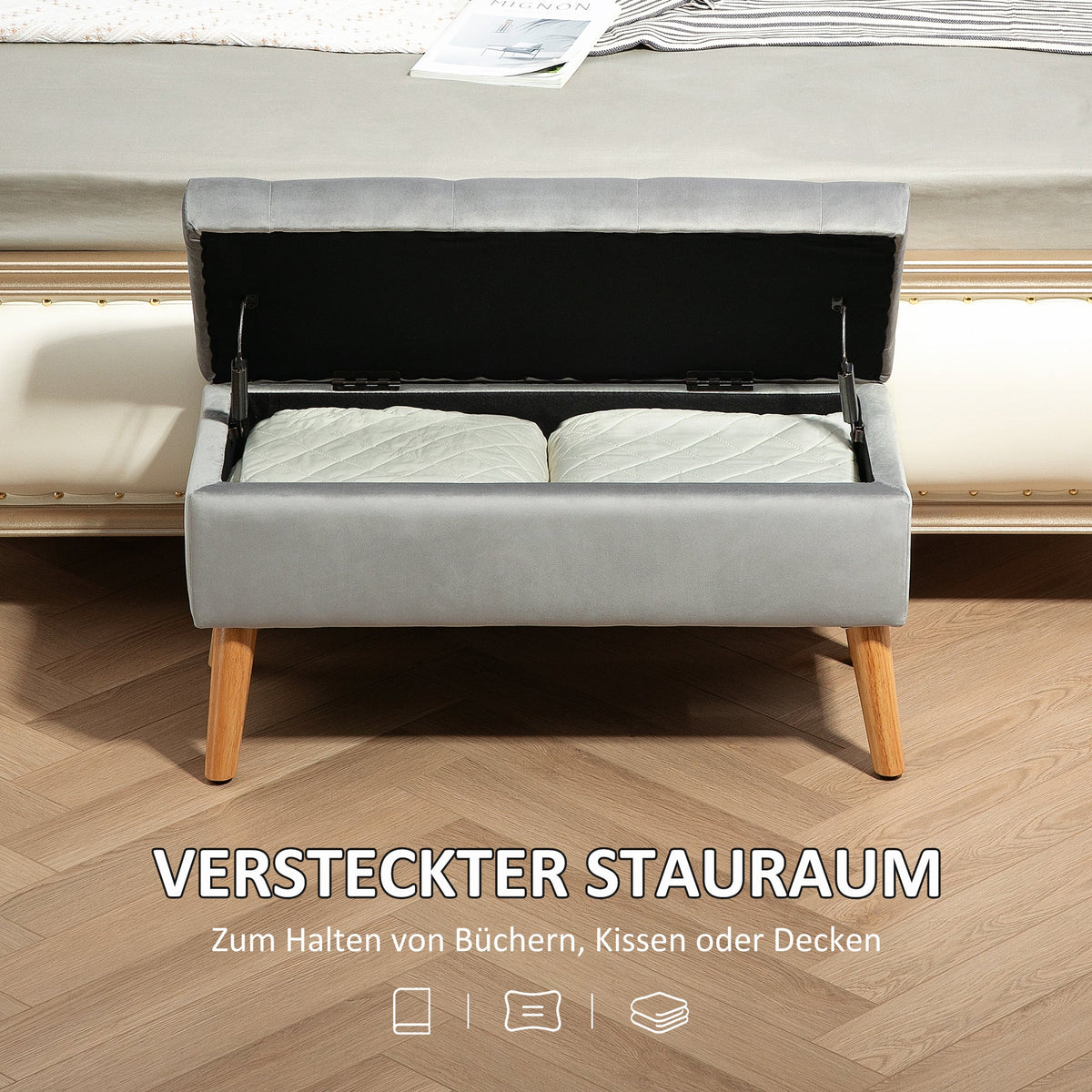Storage Bench, Upholstered Velvet Look Bed Bench with Lid, Rubberwood Grey