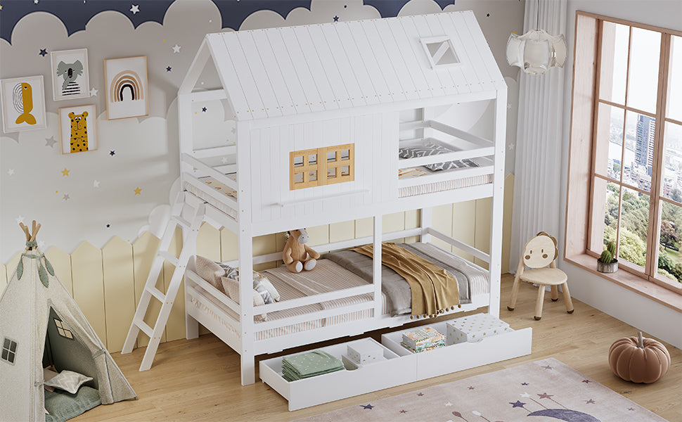 Children's Bunk Bed with Roof, Windows & Drawers, White Pine