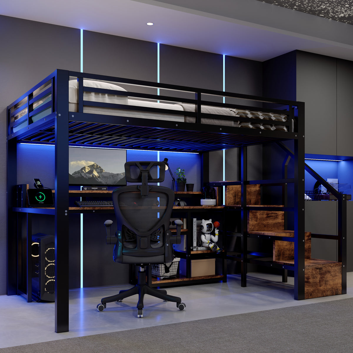 Loft Bed 140x200cm with Storage Cabinet & LED, Black Metal