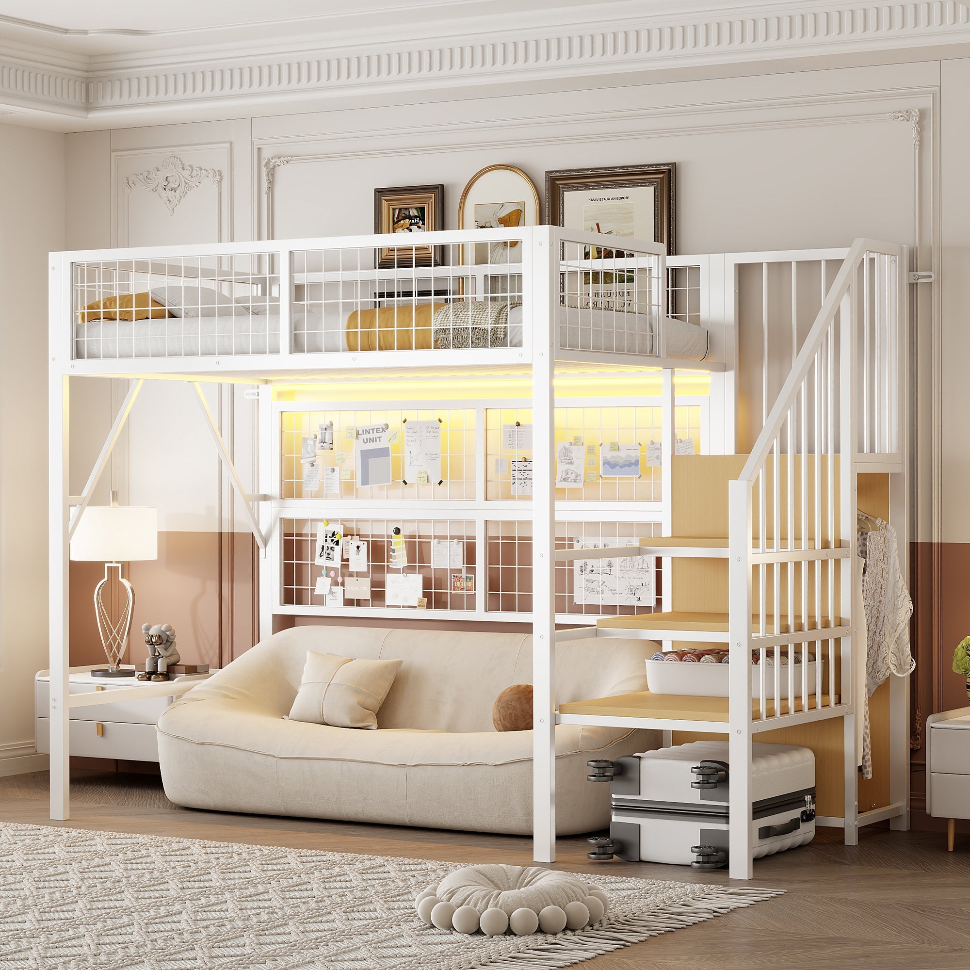 Iron Loft Bed, 90x200 with LED, Storage Stairs, Open Wardrobe, Black and White Metal