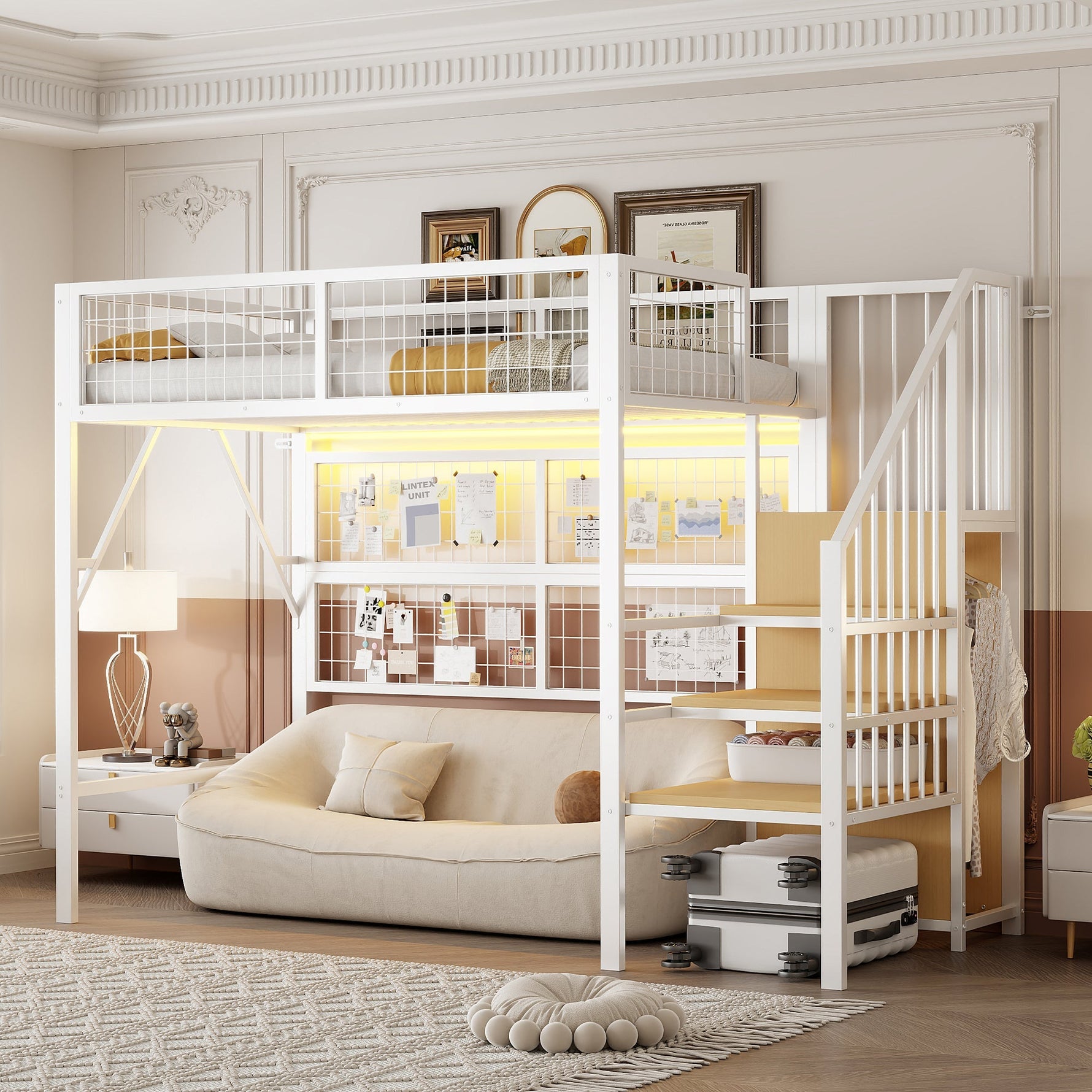 Iron Loft Bed, 90x200 with LED, Storage Stairs, Open Wardrobe, Black and White Metal