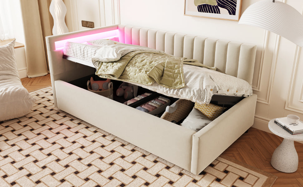 Upholstered Sofa Bed 90x200 with LED & Storage, Velvet, Beige