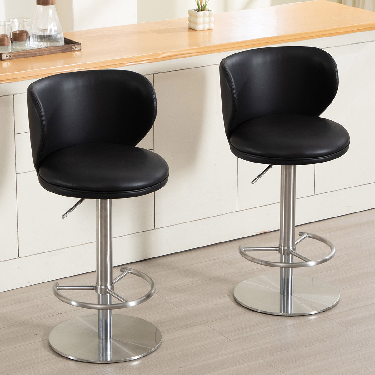 Bar Stools Modern Leather Swivel Adjustable Height Backrest - Black Titanium Stainless Steel