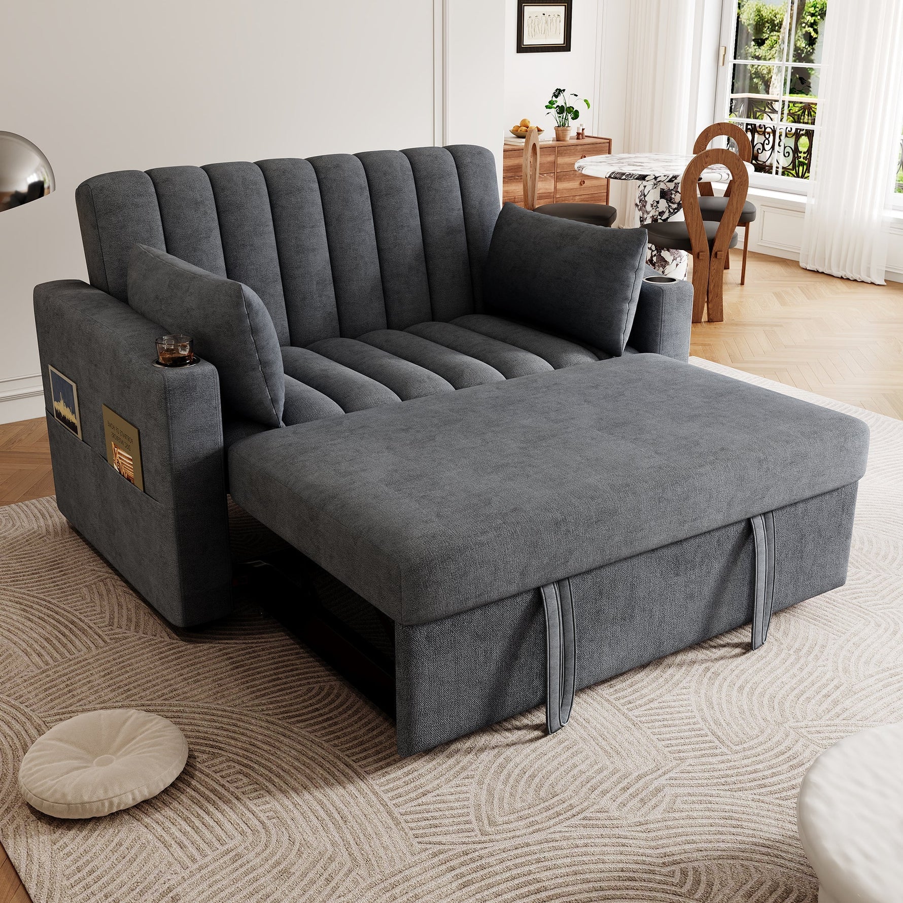 Modern Sofa Bed Multifunctional Adjustable Backrest with Drink Holder & Cushions