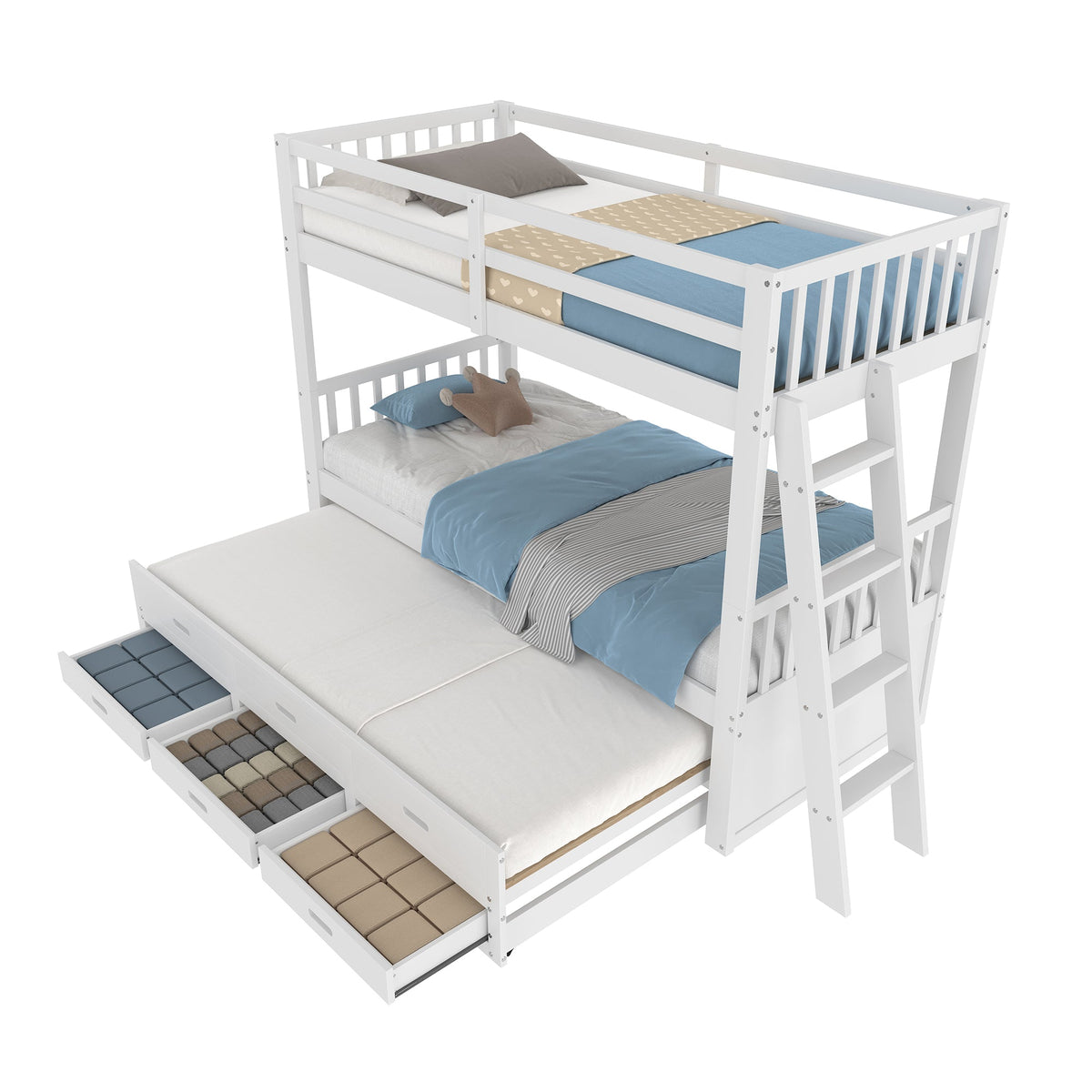 Bunk Bed 90x200cm House Bed Pull-out Bed 3 Drawers - White