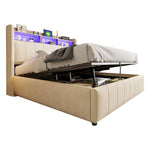 Upholstered Bed 160x200cm LED/USB, Storage, Hydraulic Lift, Beige Linen Fabric