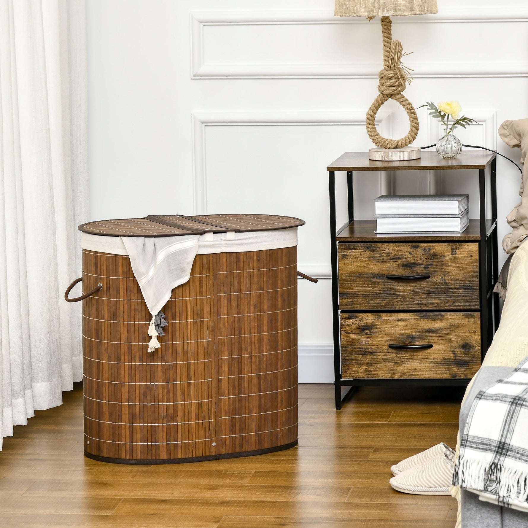 Laundry Basket, 100L with Lid, 2 Bags, Bamboo