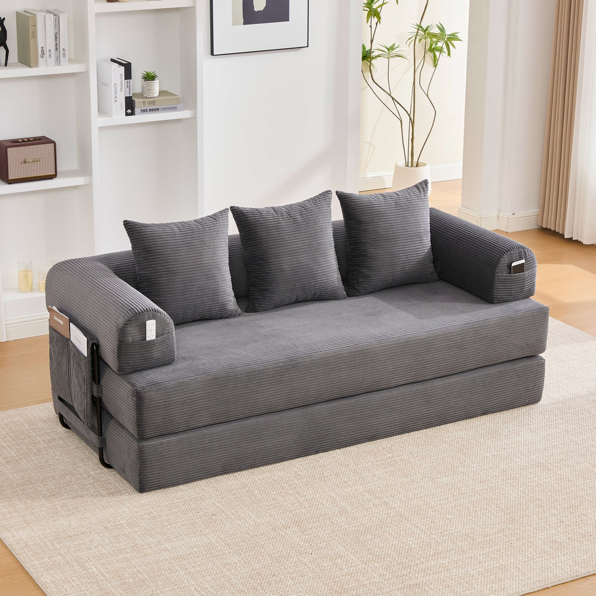 Sofa Foldable Metal Frame with 3 Cushions Side Pockets Dark Grey