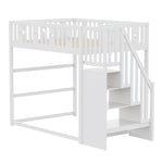 Children's Bunk Bed with Stairs, Safety Railing, Star/Moon Decoration, Solid Wood, White