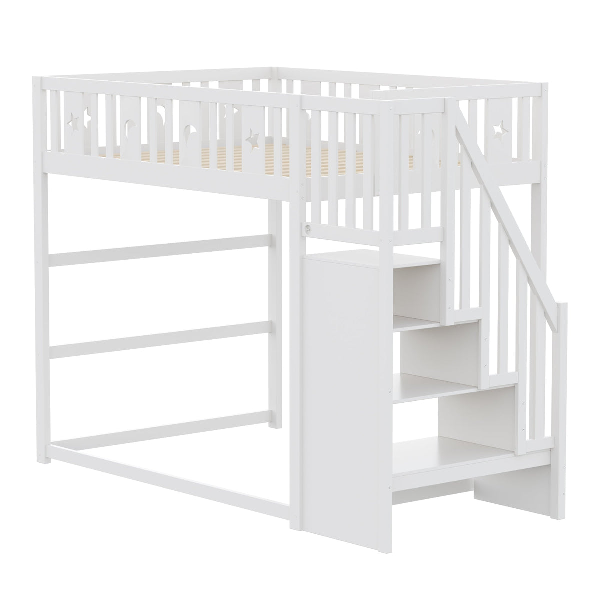 Children's Bunk Bed with Stairs, Safety Railing, Star/Moon Decoration, Solid Wood, White