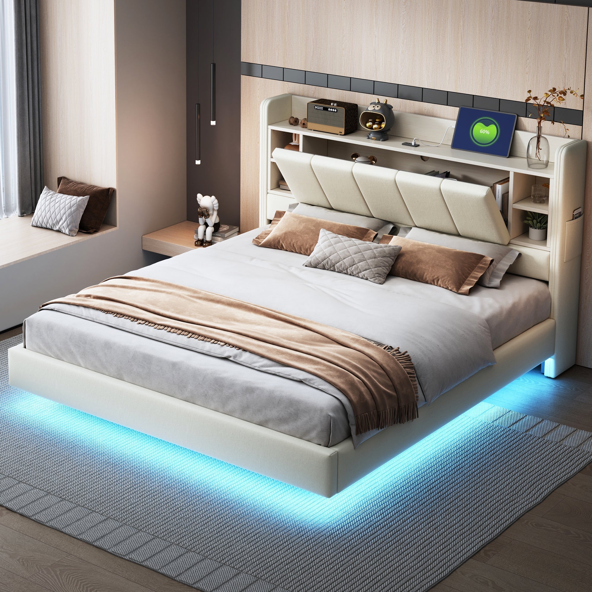 Upholstered Bed 160 x 200 cm, USB Socket, Light Strip, Reversible Headboard, Beige Linen Fabric