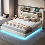 Upholstered Bed 160 x 200 cm, USB Socket, Light Strip, Reversible Headboard, Beige Linen Fabric