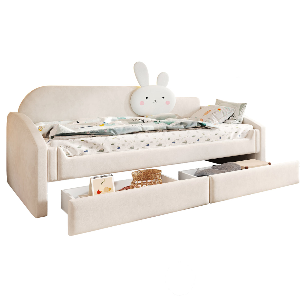 Children's Sofa Bed 90x200 with Storage & LED, Beige Velvet