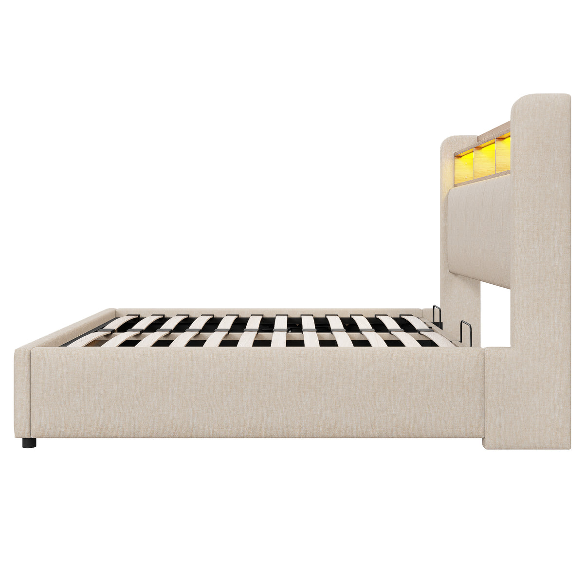 Upholstered Bed 140x200cm with Storage & LED, Beige Linen