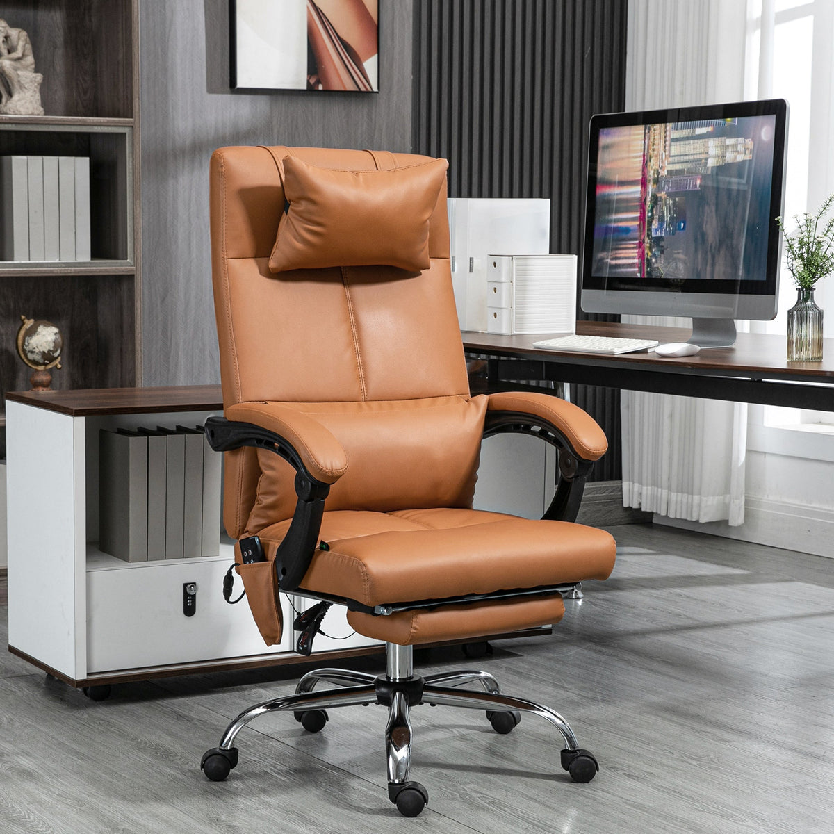 Office Chair, Massage Lumbar Heating 6-Point Faux Leather, Light Brown