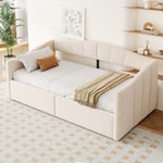 Upholstered Single Sofa Bed 90x200cm Hydraulic Storage Armrests Striped - Velvet Beige
