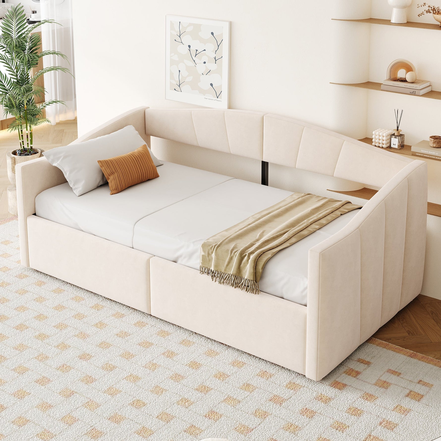 Upholstered Single Sofa Bed 90x200cm Hydraulic Storage Armrests Striped - Velvet Beige