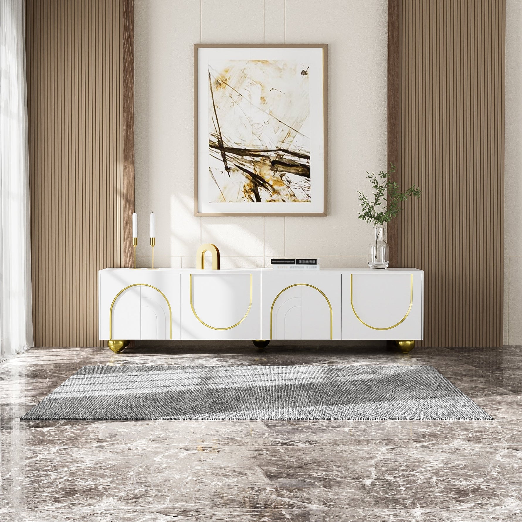 TV Lowboard with Textured Doors, Drawers & Open Compartments - Gold