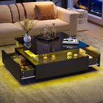 LED Coffee Table 70x70x41cm, 2 Drawers, Transparent Area, High-Gloss