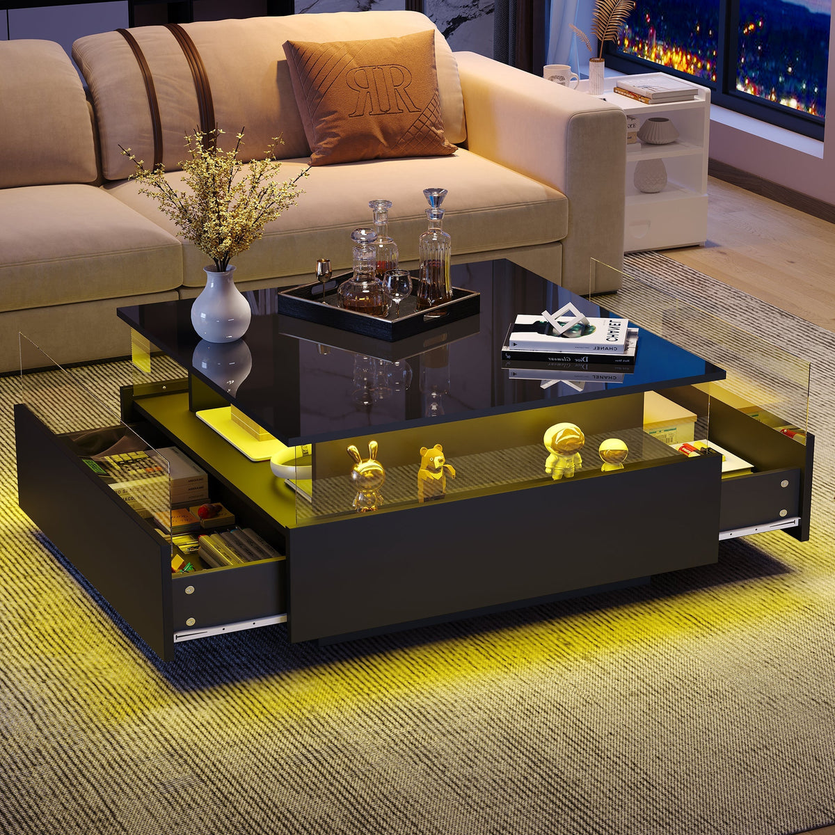 LED Coffee Table 70x70x41cm, 2 Drawers, Transparent Area, High-Gloss