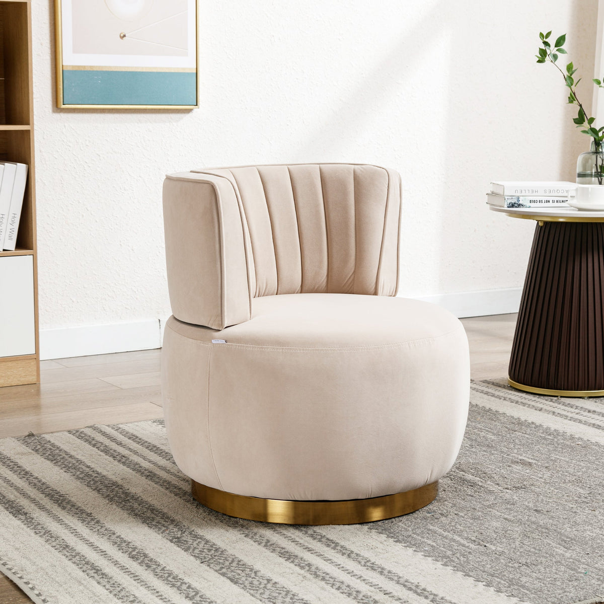 Swivel Chair 360° Round Velvet Barrel - Beige