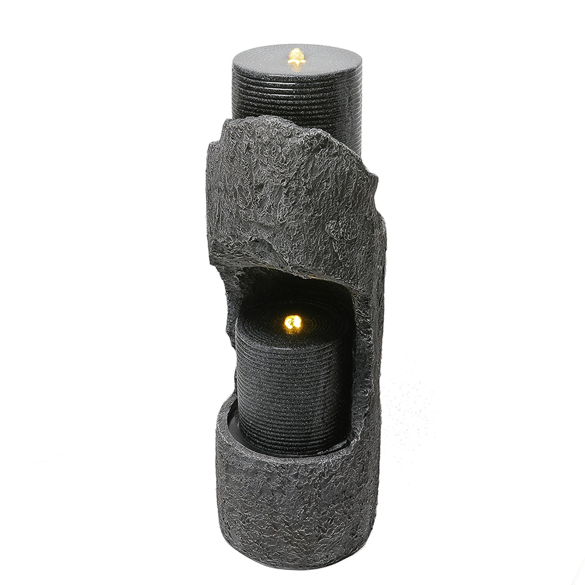 Garden Fountain with LED Lighting, Water Pump and Decorative Basin, Grey Artificial Stone
