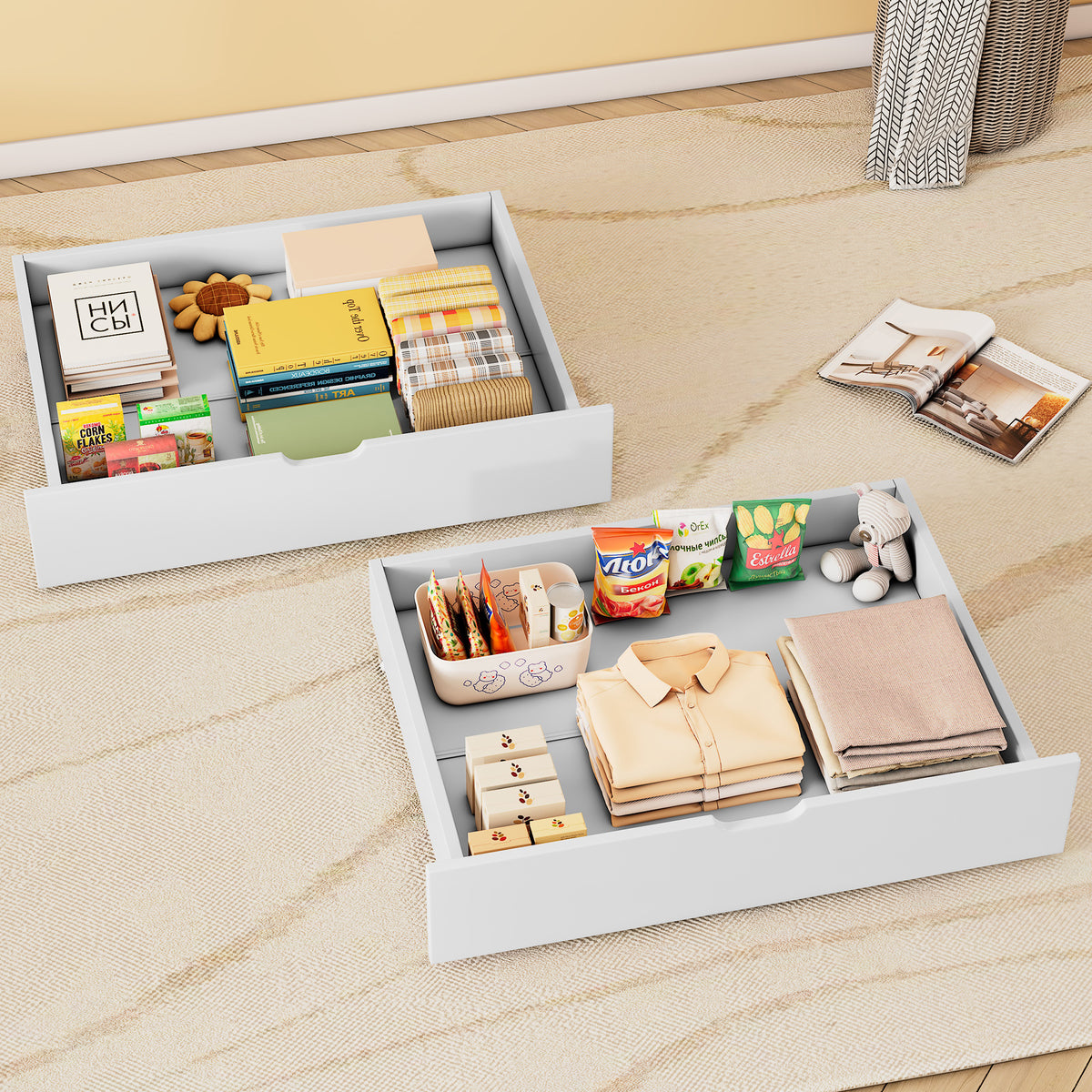 Underbed Storage Drawers, 2-Piece Set with Wheels, White MDF